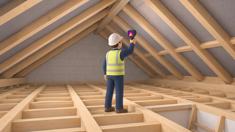 A Retrofit Coordinator in a hard hat stands in a domestic loft, holding a thermal camera up to survey the insulated roof space and joists as part of the funded pre-installation home assessment.