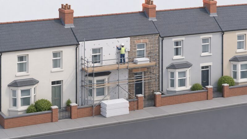 A terraced Welsh street with scaffolding erected on the front of one mid-terrace house, insulation boards stacked on the pavement beside it, and a small installer figure on the scaffolding fixing a board to the exposed wall while neighbouring terraced houses stand either side.