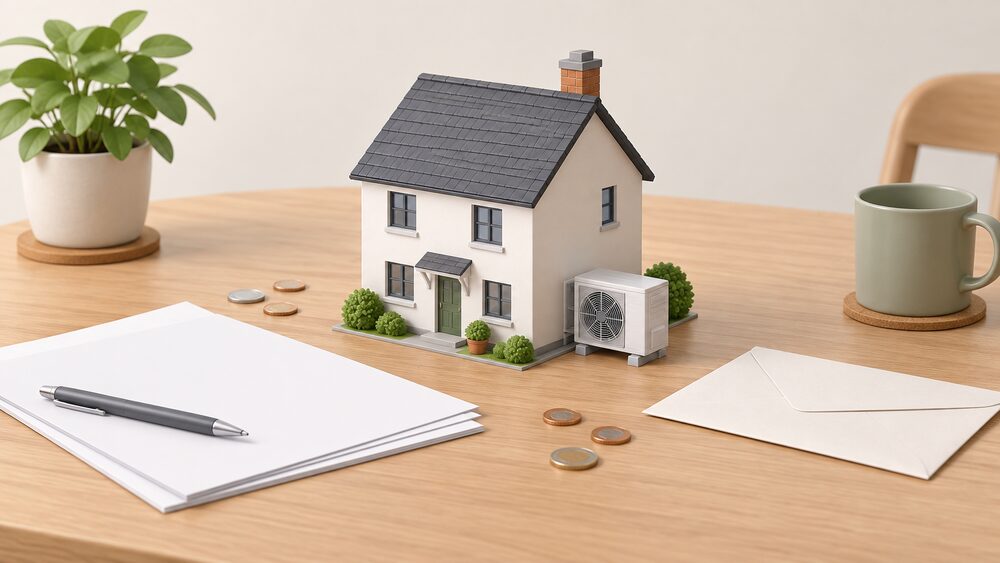 A small model of a house with a tiny air source heat pump fan unit standing beside it on the ground, placed centrally on a table with blank application paperwork, a plain envelope and a few coins arranged around it.