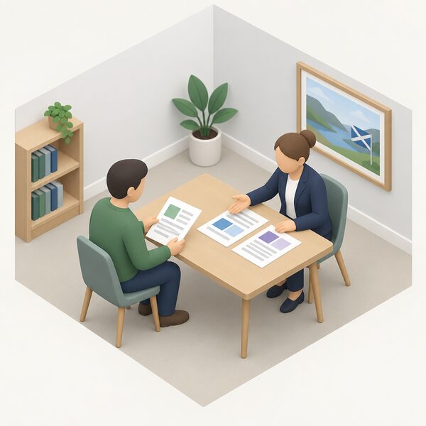 A simplified isometric homeowner and an adviser sit across a small table in a plain room, printed option sheets spread between them, the adviser gesturing to one sheet while the homeowner holds another, showing a Scottish homeowner discussing grant and loan choices with an adviser.