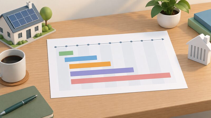 A printed horizontal timeline sheet lying on a desk, running from 2020 to 2031, with plain colour bands of differing lengths marking each scheme's opening and closing dates, the shortest band for the Green Homes Grant vouchers and the longest reaching 2030-31 for the Warm Home Discount.