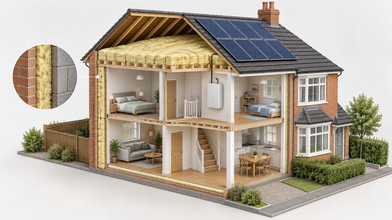 A cutaway semi-detached house in England showing mineral wool loft insulation laid between and over the joists in the loft, insulation filling the cavity of the external walls, solar panels on the pitched roof, and a battery unit on the wall of an upstairs room connected by cable toward the roof.