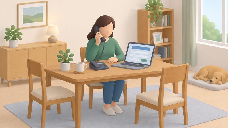 A householder at a home table telephoning the advice line on a handset while a laptop beside them shows the online application form as a screen with blank lines and plain blocks, no readable content.