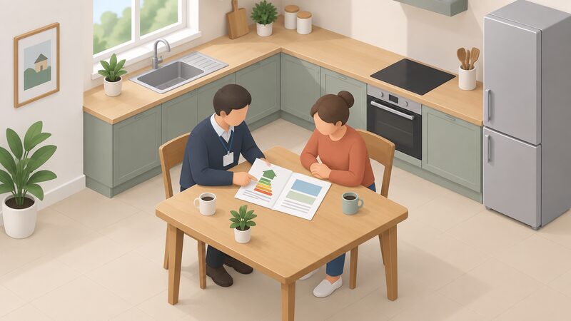 A simplified isometric adviser and householder sit together at a kitchen table, the adviser pointing through a printed home energy report with plain colour blocks and blank lines while the householder looks on.