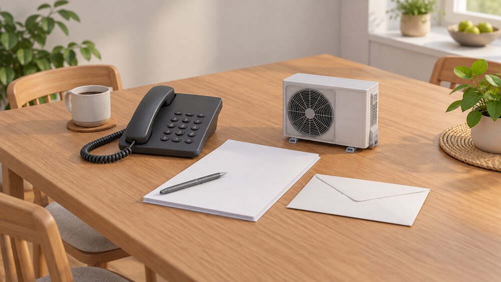 A kitchen table with a telephone, blank application paperwork, a sealed envelope and a small model of an air source heat pump standing beside the papers, suggesting the moment a homeowner contacts the advice service before applying for funding.