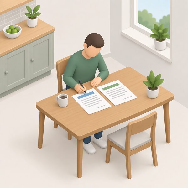 A homeowner seated at a kitchen table signing loan paperwork with a pen, the printed application form and a second grant document lying side by side before them, showing the optional interest free loan taken alongside the grant rather than instead of it.