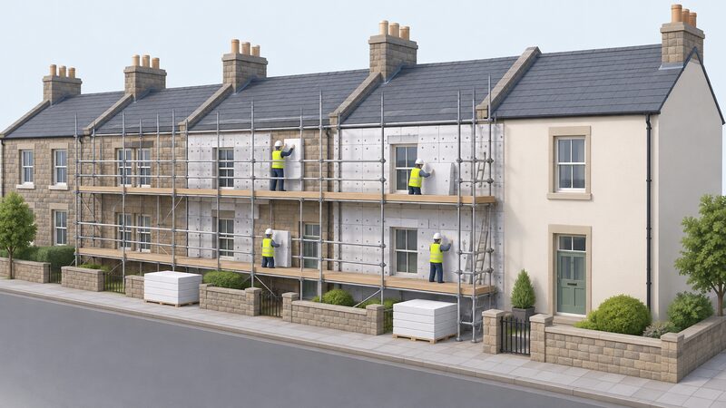 A terraced street of Scottish stone homes where scaffolding covers several adjoining houses and simplified workers fit external wall insulation, with one house already finished showing a smooth render surface beside the boarded ones.