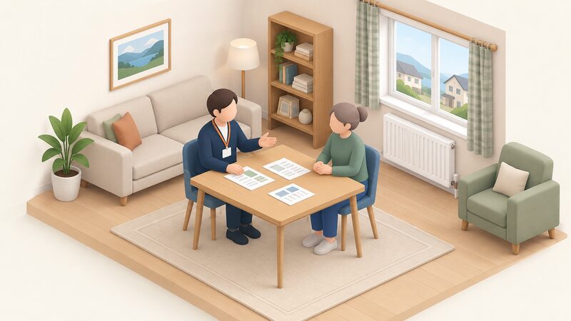 A simplified isometric advisor sits with a householder at a living room table in a Scottish home, talking over printed advice sheets, with a plain sofa, window and radiator completing the ordinary domestic setting.