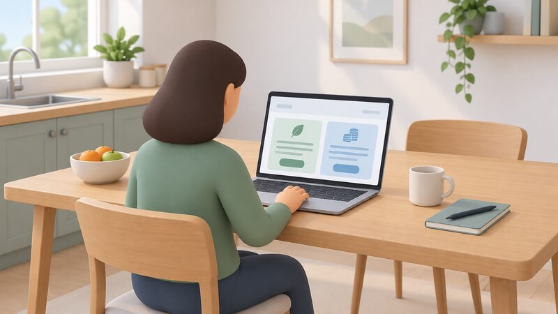 A laptop on a kitchen table showing a Funding Finder webpage as a screen with plain colour blocks and blank lines for the funding and support options, with a simplified figure seated using it.