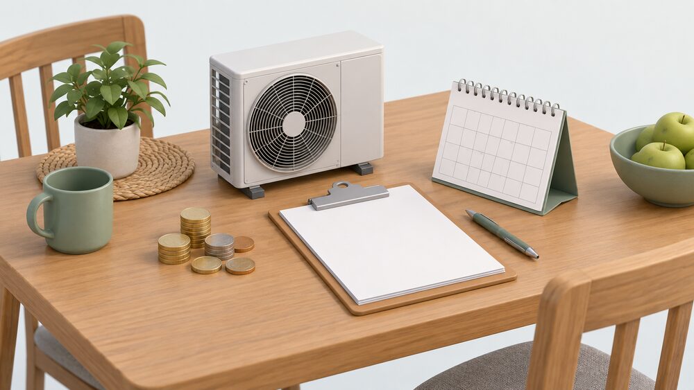 A kitchen table with blank application paperwork and a clipboard, a small model of an air source heat pump outdoor fan unit standing beside it, a scatter of coins, and a blank calendar, representing a household weighing grant and loan funding for clean heating.