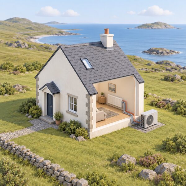 A small isometric rural or island home with a clean heating system installed, showing an air source heat pump unit outside the house with pipework entering the building, set in open countryside to convey the rural uplift qualifying for the higher grant.