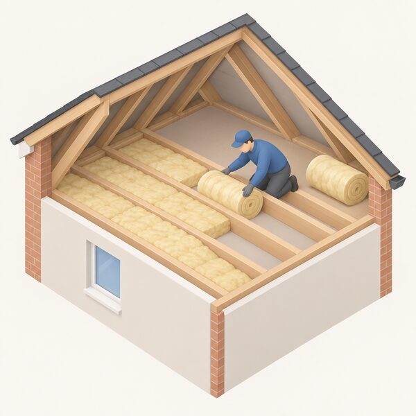 An installer in plain work clothing fitting rolls of insulation between the joists of a loft space inside a UK home, with a section of the floor already insulated beside them, showing an energy efficiency measure funded by the scheme.