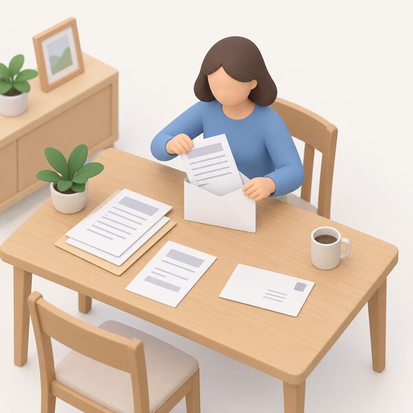 A simplified isometric figure at a household table placing a completed paper application form into an envelope ready to send, with supporting documents beside it and no installation work or equipment anywhere in the scene, showing the application being submitted before any work takes place.