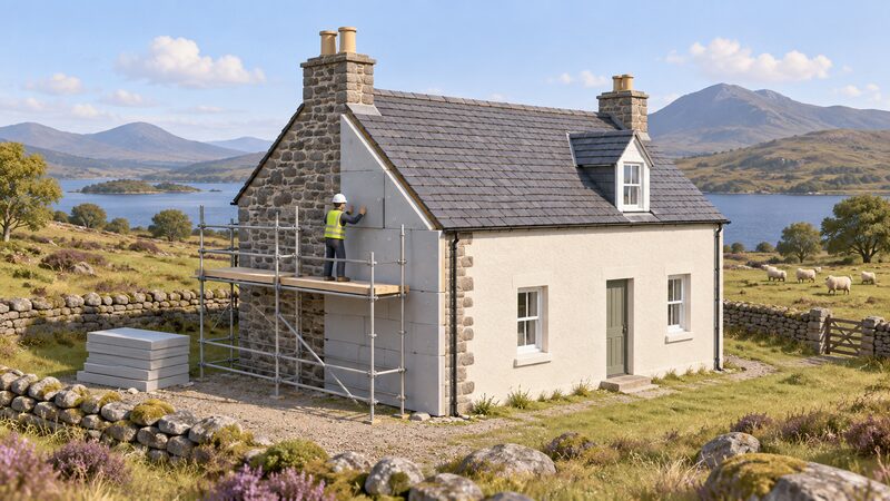 A small stone-built Scottish cottage on a rural hillside with an installer on a scaffold fixing thick insulation boards to its external stone walls, one wall section already finished and rendered.