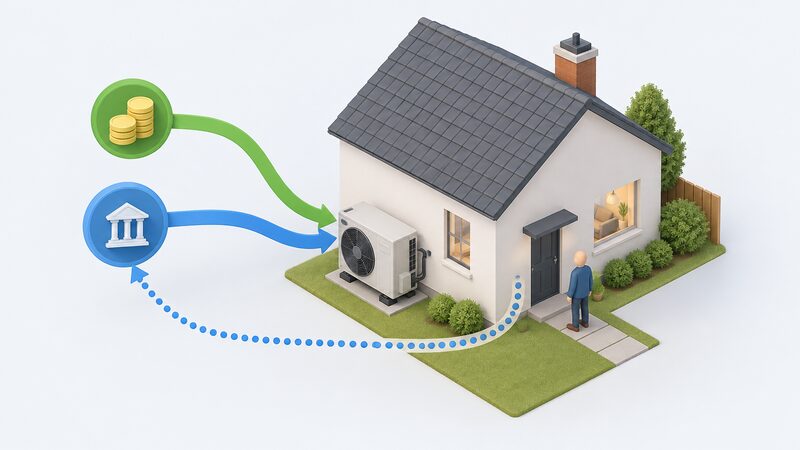 A simplified isometric scene of a heat pump installation outside a house, with two plain funding streams shown as separate labelled-free colour bands flowing together into the single unit, one band ending at the equipment and the other continuing as a dotted repayment line back toward the house.