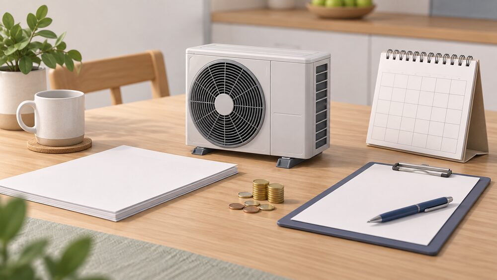 A small model of an air source heat pump fan unit stands on a kitchen table beside blank application paperwork, a clipboard with a pen, a plain calendar and a few coins, suggesting a household planning how to repay a home energy loan.