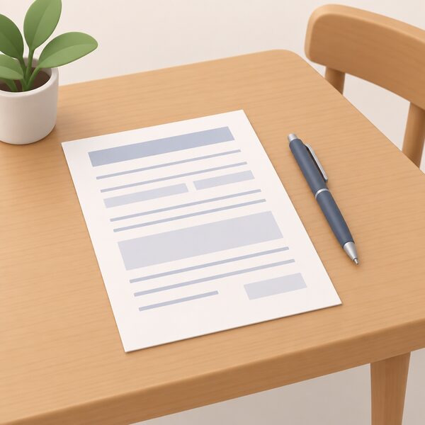 A paper loan application form lying on a household table with a pen beside it, its fields shown only as blank lines and plain blocks, representing the financial assessment stage of the loan application process.