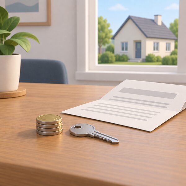 A small neat stack of coins beside a house key resting on a wooden table, with a folded printed loan offer sheet showing only blank lines nearby and a simple detached house visible through a window, suggesting a modest top-up loan for home improvements.