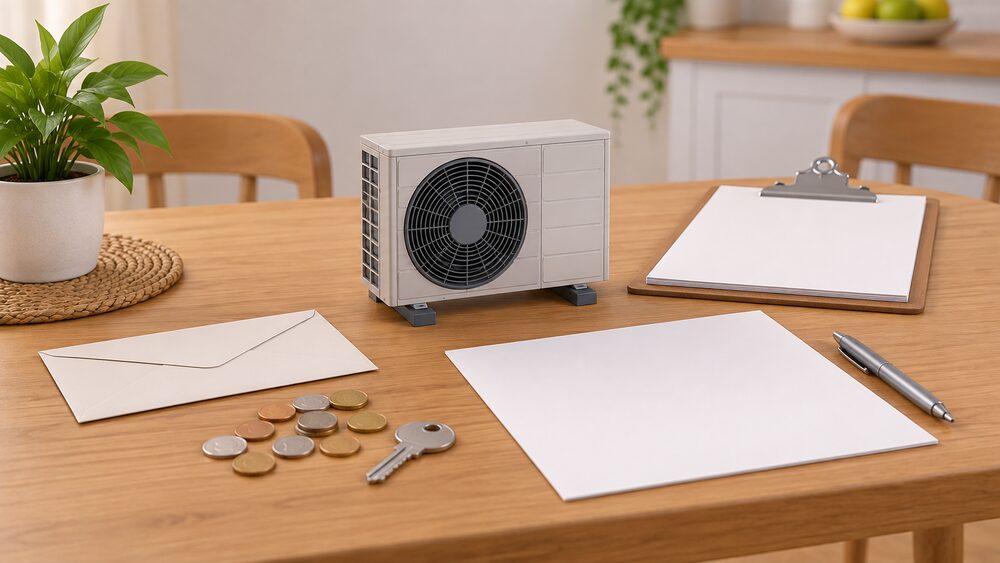 A small model of an air source heat pump outdoor fan unit stands on a wooden kitchen table beside blank application paperwork, a sealed envelope, a house key and a scatter of coins, with a clipboard resting behind them.