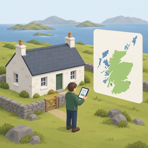 A small simplified isometric figure stands outside a simple rural cottage on open countryside, holding a tablet or phone and checking an eligibility screen shown only as blank lines and plain colour blocks, with a simplified map of Scotland with plain colour regions beside the property to indicate the eligible rural and island area.