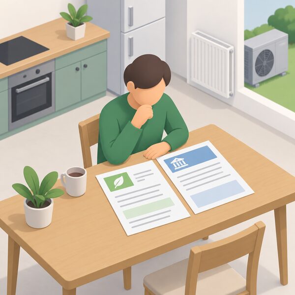 A kitchen table scene with a printed grant offer document and loan paperwork laid side by side as physical sheets, shown with blank lines and plain colour blocks instead of readable content, beside a small isometric homeowner figure reviewing them.