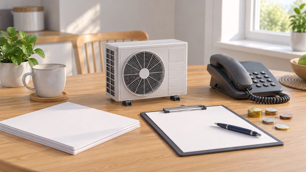 A small model of an air source heat pump fan unit stands on a kitchen table beside blank application paperwork, a clipboard with a pen, a telephone handset and a few loose coins, all lit by soft daylight from a nearby window.