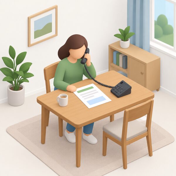 A simplified isometric householder sits at a home table making a free phone call for impartial energy advice, with a printed sheet representing the Funding Finder beside them, shown as the service's two published starting points in a plain domestic setting.