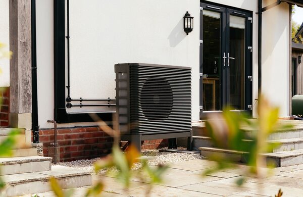 An Aira air source heat pump installed outside a house next to black French doors