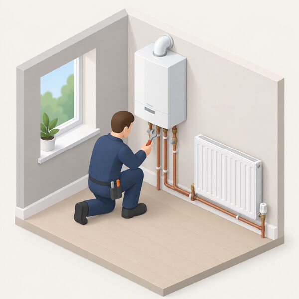 A small isometric installer figure in plain clothing kneels beside a completed wall-mounted heating boiler inside a home, inspecting its pipework and connections with a tool during the end-of-warranty service visit, with the household's radiator visible nearby.