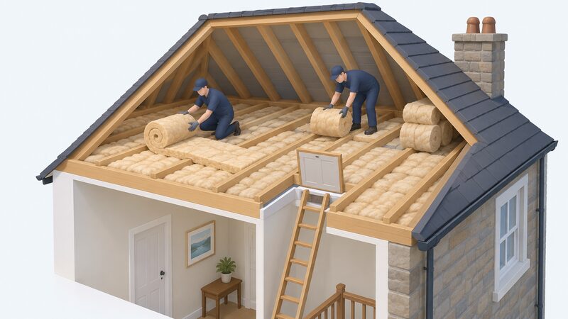 Two installers in plain work clothing fitting rolls of insulation between the joists of a loft in a Scottish home, one unrolling insulation while the other positions a roll, with a loft hatch and ladder below showing access from the house.