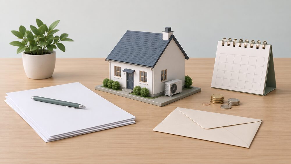 A small model of a house with a tiny air source heat pump at its side stands on a table beside blank application paperwork, a sealed envelope, a few coins and a desk calendar, representing a closed grant scheme for off-gas-grid home upgrades.