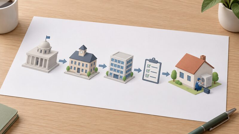 A printed diagram sheet on a table showing a left-to-right flow of plain coloured blocks connected by arrows: a government block at the top left, a local authority block below it, a delivery agent block, and a house with a small isometric figure of an installer at the right, with a survey clipboard step between the agent and the house.