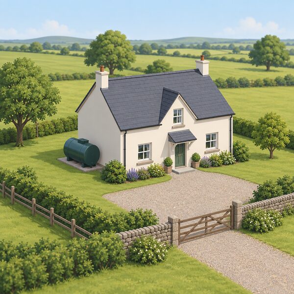 A small detached rural cottage standing alone in open countryside with fields and trees around it, an oil tank and an LPG-free yard, and clearly no gas pipe or meter anywhere on the property, showing an off-gas-grid home.