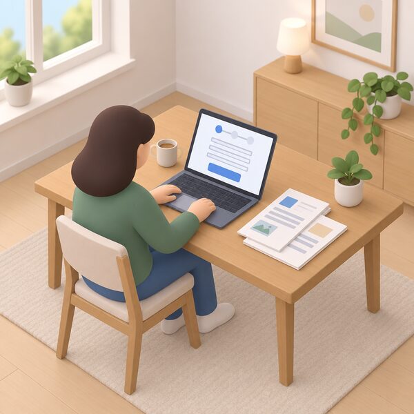 A simplified isometric figure sits at a table in a home using a laptop whose screen shows an online eligibility form as blank lines and plain colour blocks, with a few supporting documents resting beside the laptop ready to upload.