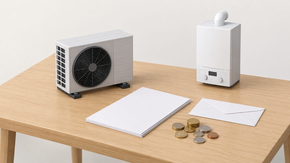 A small model of an outdoor air-to-water heat pump unit stands on a table beside blank invoice paperwork, a plain envelope and a scatter of coins, with a small model of a wall-hung gas boiler set apart on the far side of the table.