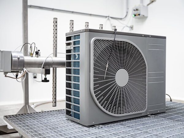 An air source heat pump outdoor unit on a metal grating in a test laboratory