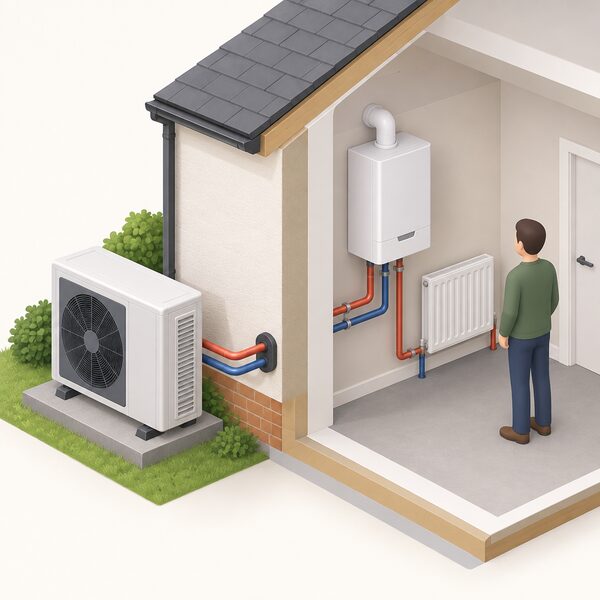 A cutaway-style isometric view of a home's heating setup showing an air-to-water heat pump unit outside the wall and a separate gas boiler unit inside, each in its own casing, with pipework connecting the two through the wall to the heating system.