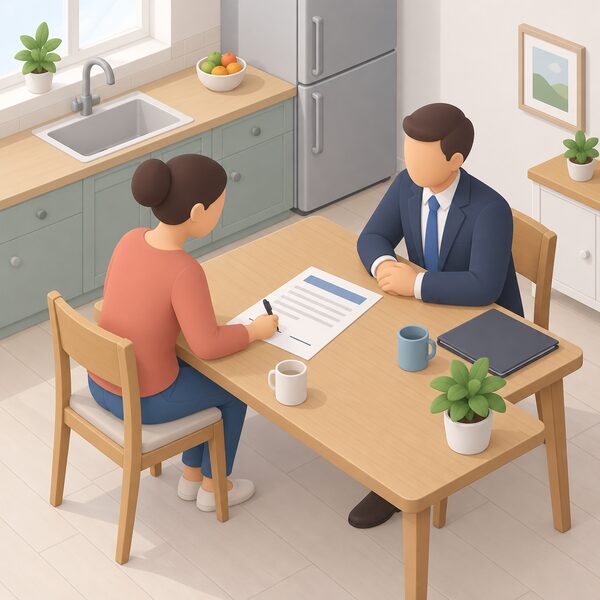 A homeowner at a kitchen table signs a printed loan repayment agreement, with a lender's representative seated opposite and the document showing blank signature lines and plain colour bands, no readable figures.