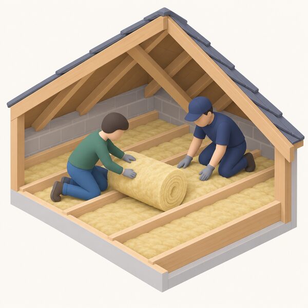 A simplified isometric Scottish homeowner in plain clothing kneeling in a loft, unrolling and laying a blanket of mineral wool insulation between the ceiling joists, with a certified installer nearby helping position the roll under the sloping roof.