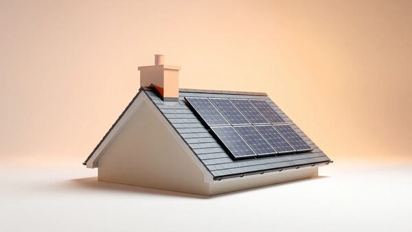 A 3D render of a house roof with solar panels on the tiles