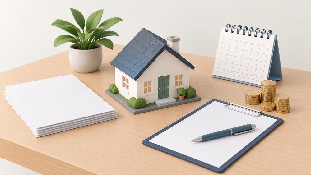 A small model house sits on a table beside blank loan paperwork, a clipboard with a pen, a calendar and a neat stack of coins, suggesting a household arranging finance for home energy improvements.
