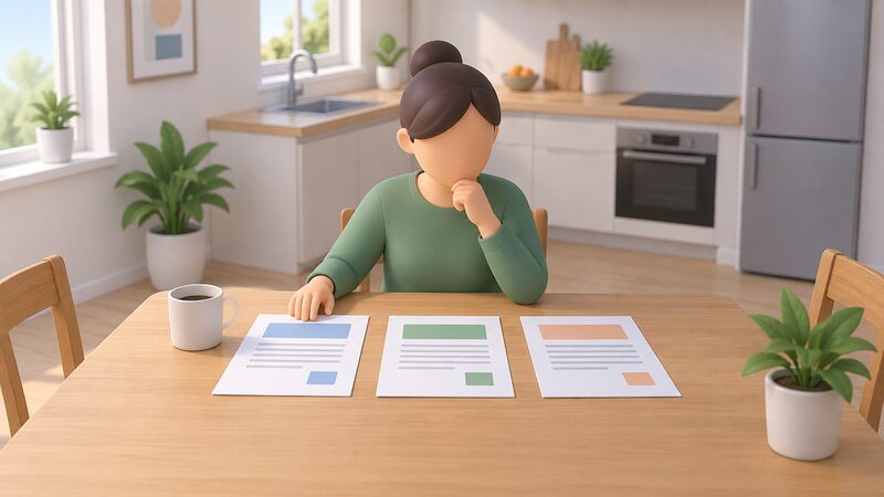 A homeowner at a kitchen table reviewing separate paper documents for loan drawdown, TrustMark lodgement and post-installation evaluation, laid out as three distinct sheets with blank lines and plain blocks, one hand resting on the drawdown sheet.