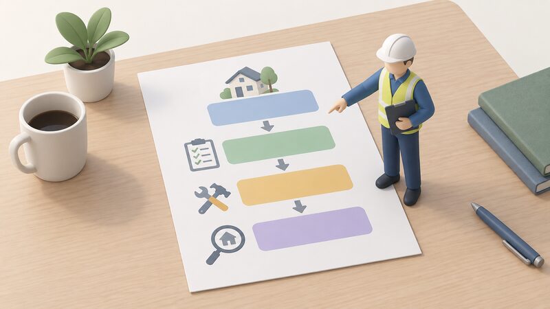 A printed assessment sequence diagram lying on a table, shown as a sheet with a vertical flow of plain connected blocks from whole-house assessment to improvement plan to installation to post-installation evaluation, with a simplified isometric Retrofit Coordinator figure standing beside it pointing at the flow.