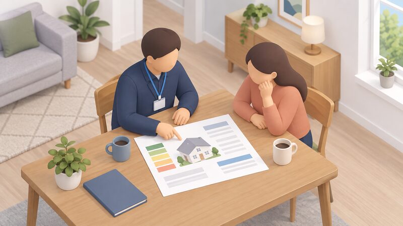 A Retrofit Coordinator and a homeowner sit together at a table in a home, the coordinator pointing at a large printed whole-house assessment sheet showing plain blocks and a simple house diagram, with no measures being installed.
