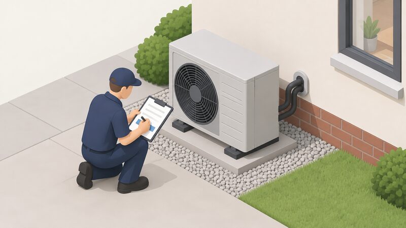 An installer kneeling beside a newly commissioned heat pump outdoors completes a commissioning certificate on a clipboard, with the outdoor unit's pipework entering the house wall behind and the certificate showing a plain marked date band.