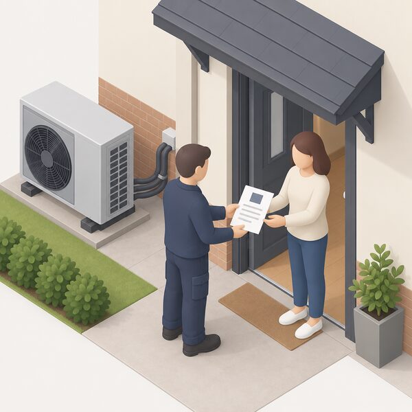 At the entrance of a house just after a heat pump installation, an installer in plain work clothes hands a paper MCS certificate to a householder, with the outdoor heat pump unit and pipework visible behind them and the certificate shown with blank lines instead of readable dates.