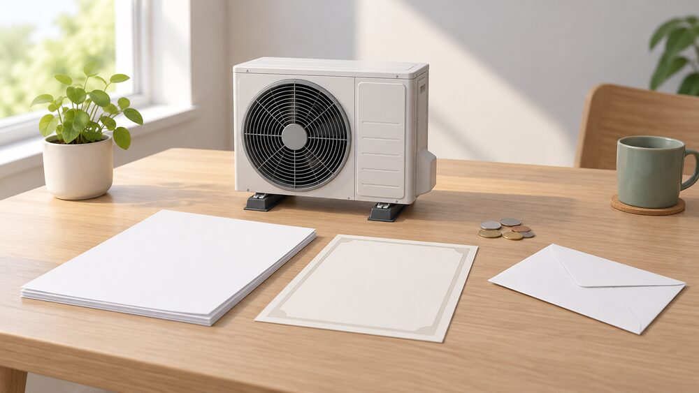 A small model of an outdoor air-to-water heat pump fan unit stands on a table beside blank paperwork, a blank certificate sheet and a plain envelope, with a few coins scattered nearby, all lit by daylight from a window.