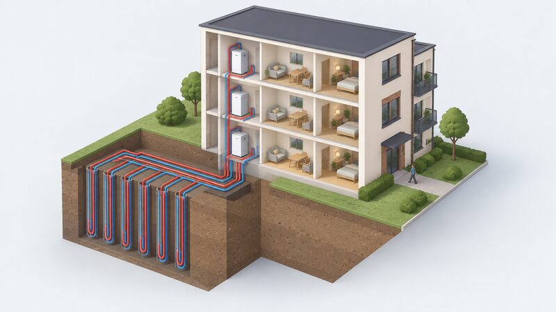 An isometric cutaway of a small block of flats with a shared ground loop array of vertical boreholes in the ground beside it, pipes running from the loops into the building to individual heat pump units serving the flats.