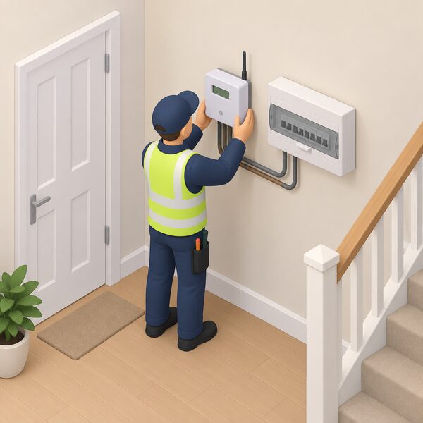A small isometric figure of an installer fitting a smart electricity meter on an interior wall of a UK home, with the meter connected by visible wiring to the consumer unit beside it and a short aerial antenna on top, shown in a plain hallway setting.
