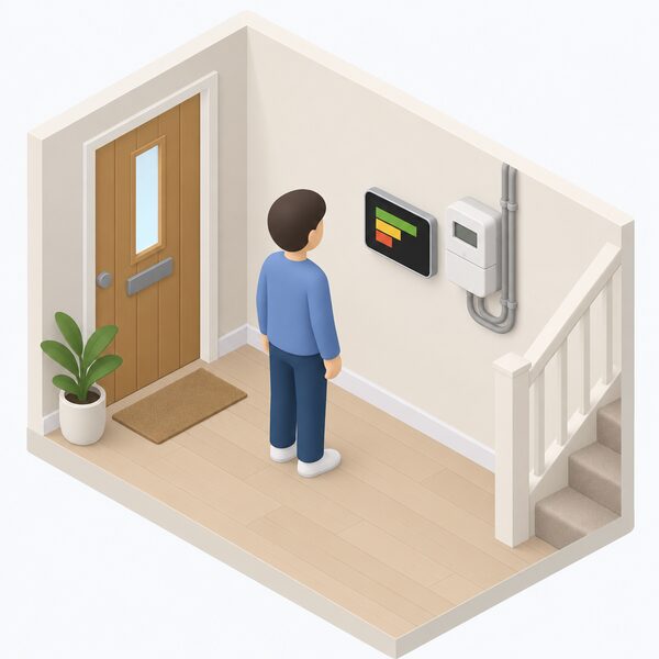 A small isometric figure stands in a home hallway beside a wall-mounted smart meter energy display, its screen showing plain colour bands representing the household's electricity use, with the smart meter itself nearby on the wall.